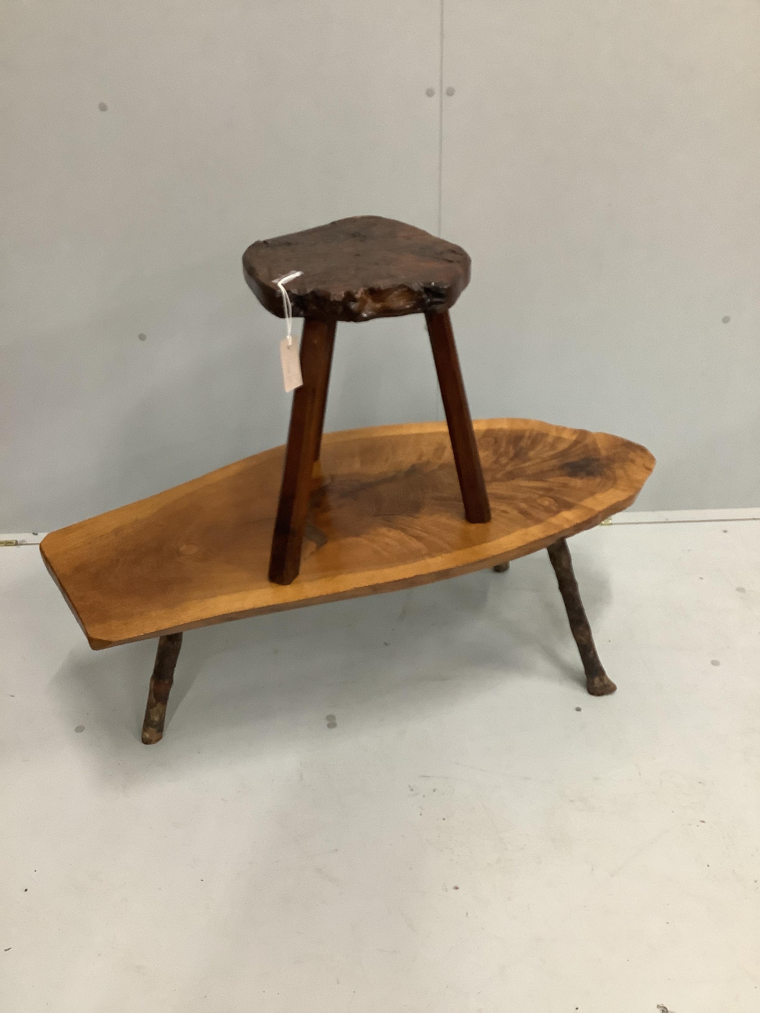 A provincial oak trunk section coffee table, length 104cm, height 37cm together with a smaller burr wood occasional table